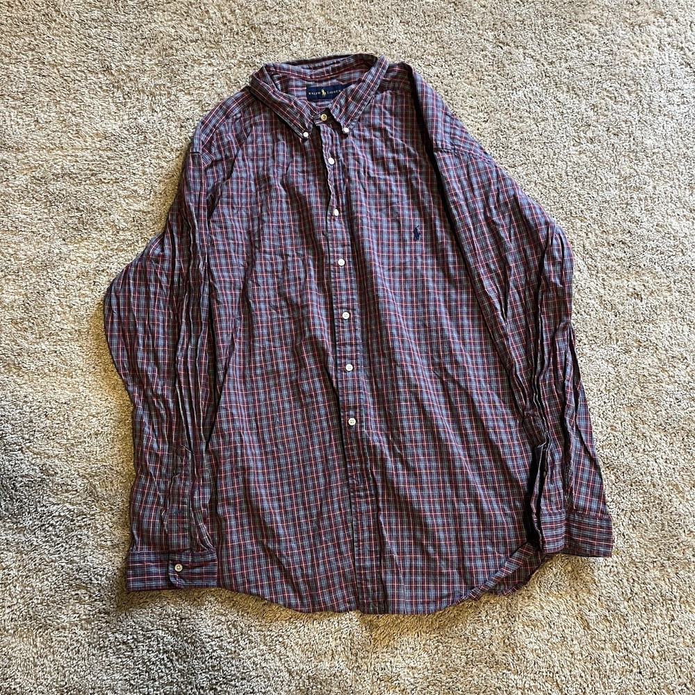 Polo Ralph Lauren Plaid Shirt Men 4XB Blue Multicolor‎ Pony Yellow Long Sleeve